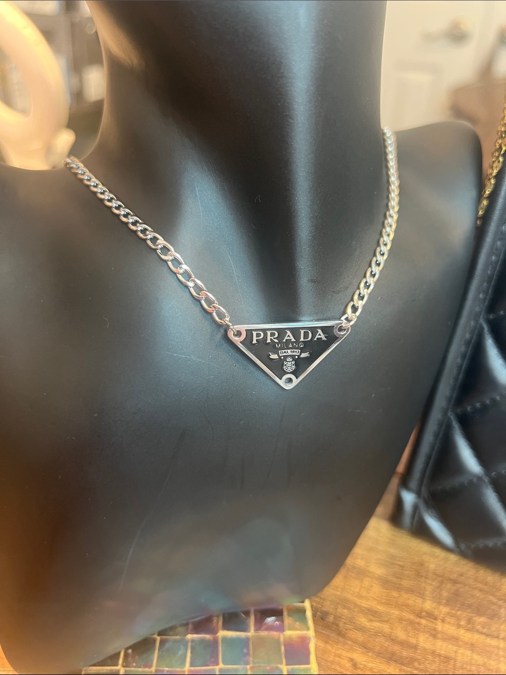 Prada Silver Triangle Logo Necklace - Silver